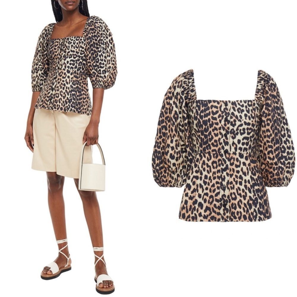 Ganni Leopard-Print Cotton-Poplin Peplum Blouse